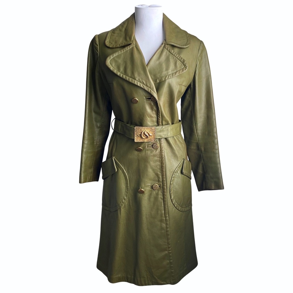 VTG 70s Olive Green Leather Trench Coat SZ S Snake Buckle Belted Double Breasted